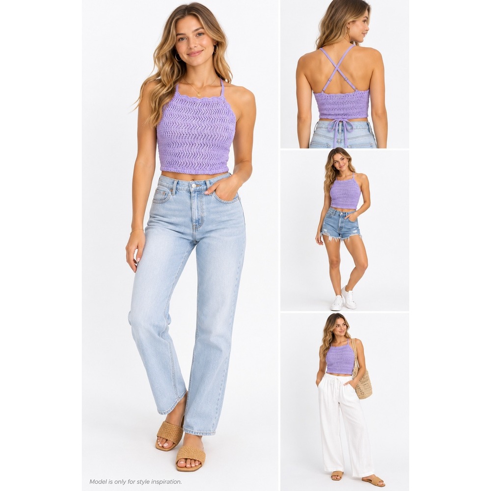 Hollister Crochet Halter Top Womens Large Purple Cotton Boho Knit Festival Tank